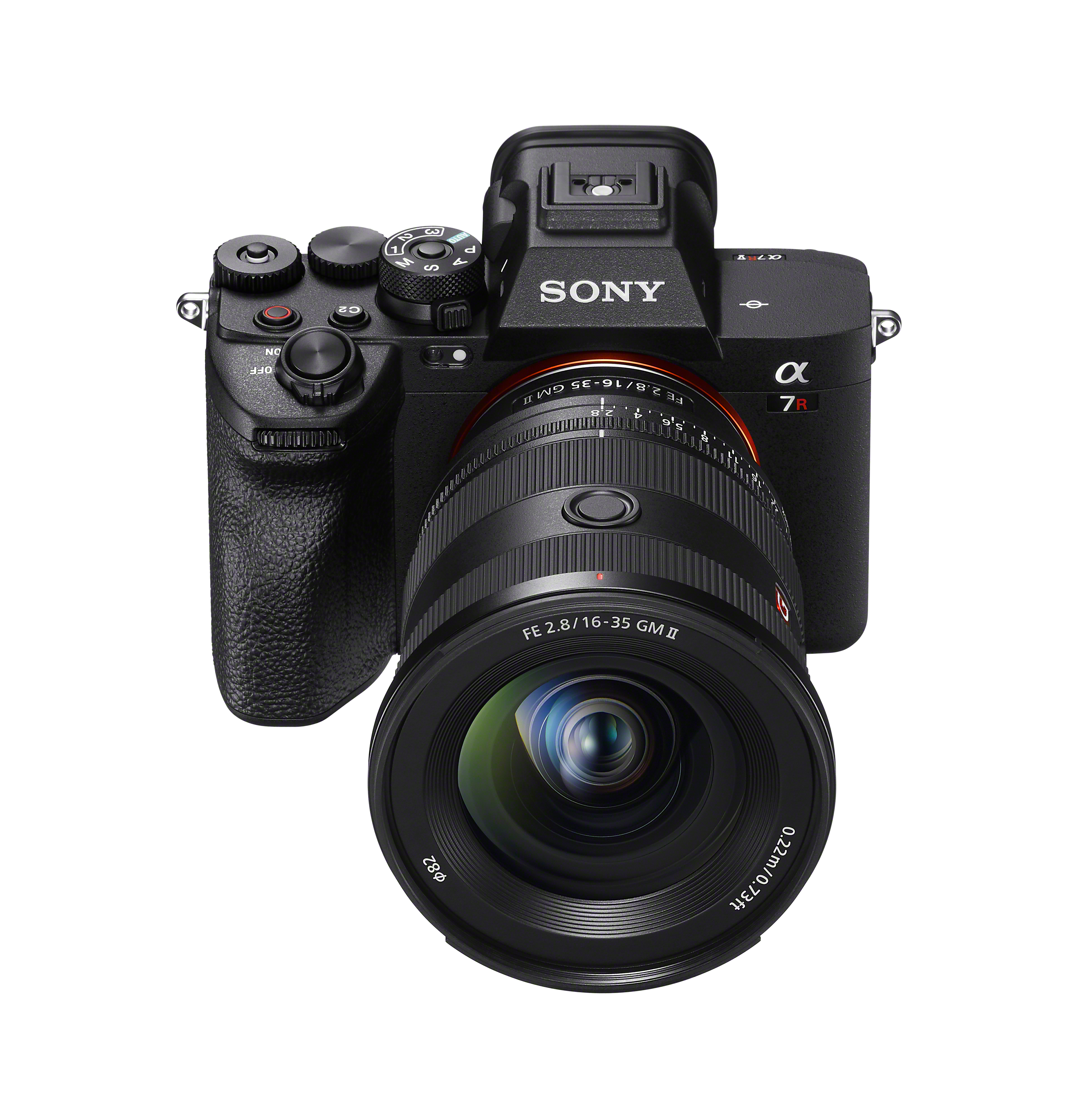 Top down, frontal view of the Sony FE 16-35mm F2.8 GM II attached to a Sony Alpha 7R