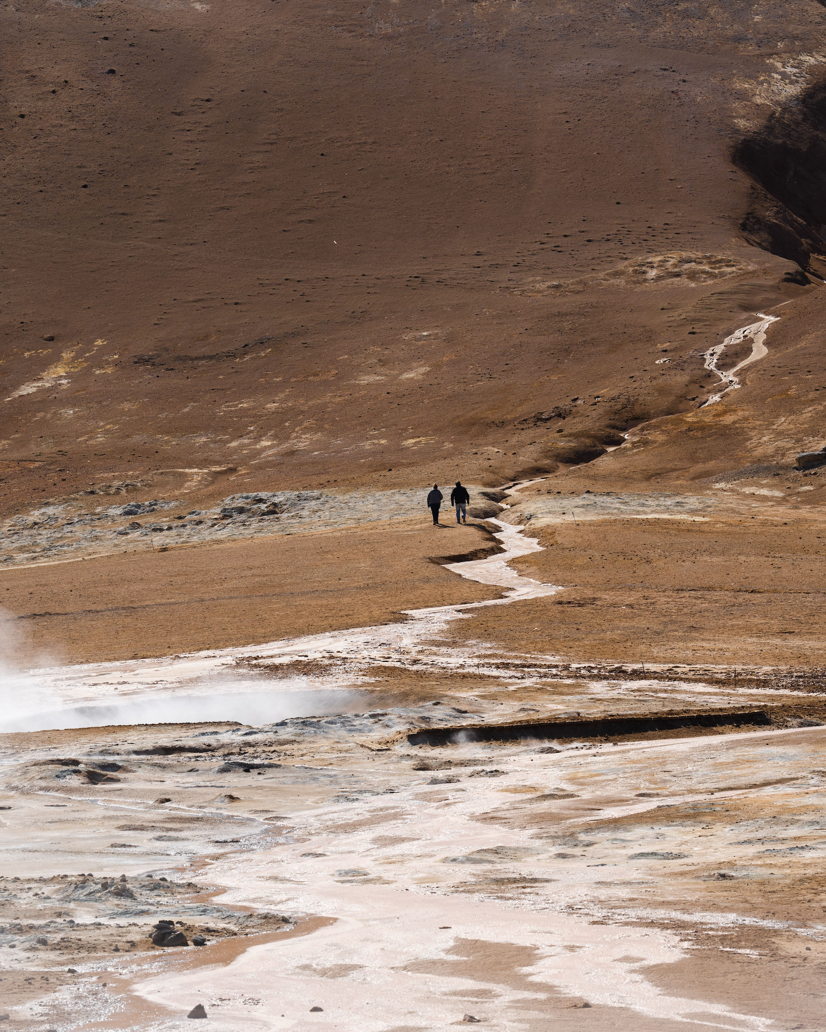 Two people walking across a vast, brown landscape